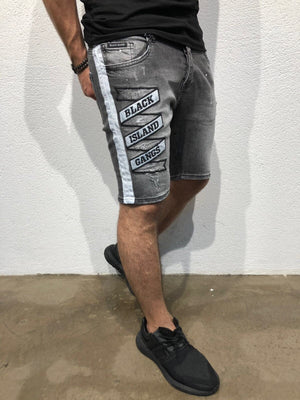 Black Patched Side Striped Slim Fit Denim Short B168 Streetwear Denim Shorts - Sneakerjeans