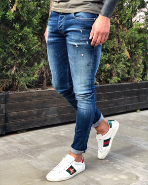 Blue Distressed Skinny Fit Denim B238 Streetwear Jeans - Sneakerjeans