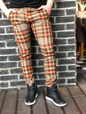 Orange Brown Mixed Colour Checkered Slim Fit Casual Pant DJ125 Streetwear Pant - Sneakerjeans