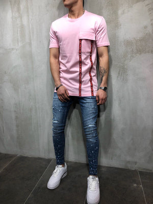 Pink Front Pocket Printed Oversize T-Shirt A49 Streetwear T-Shirts - Sneakerjeans