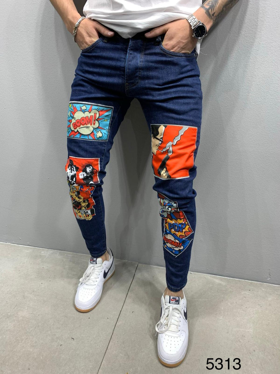 Sneakerjeans Navy Blue Comic Patched Jeans AY911