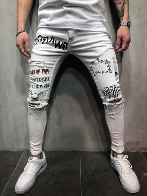 White Printed Slim Fit Denim A74 Streetwear Denim Jeans - Sneakerjeans