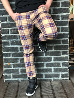 Beige Mixed Colour Checkered Slim Fit Casual Pant DJ126 Streetwear Pant - Sneakerjeans