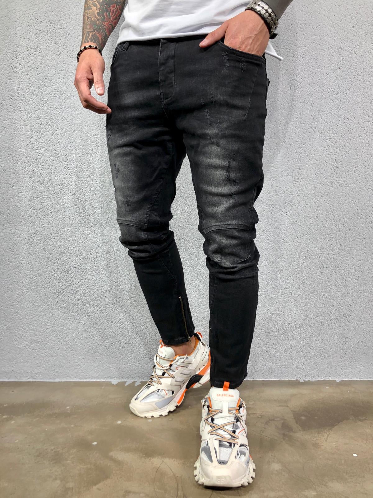 Black Ankle Zip Jeans Slim Fit Jeans BL548 Streetwear Mens Jeans ...