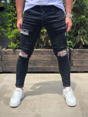Black Destroyed Ankle Zipper Skinny Fit Denim B189 Streetwear Baggy Jeans - Sneakerjeans