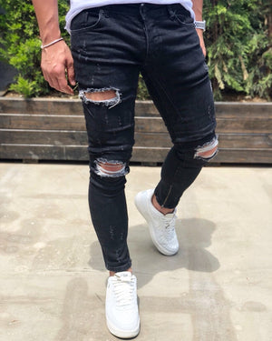 Black Destroyed Ankle Zipper Skinny Fit Denim B189 Streetwear Baggy Jeans - Sneakerjeans