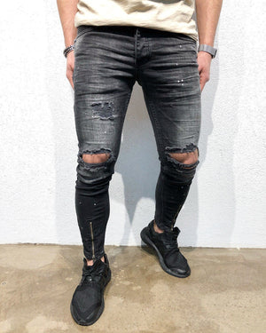 Black Destroyed Front Ankle Zipper Slim Fit Denim B110 Streetwear Denim Jeans - Sneakerjeans