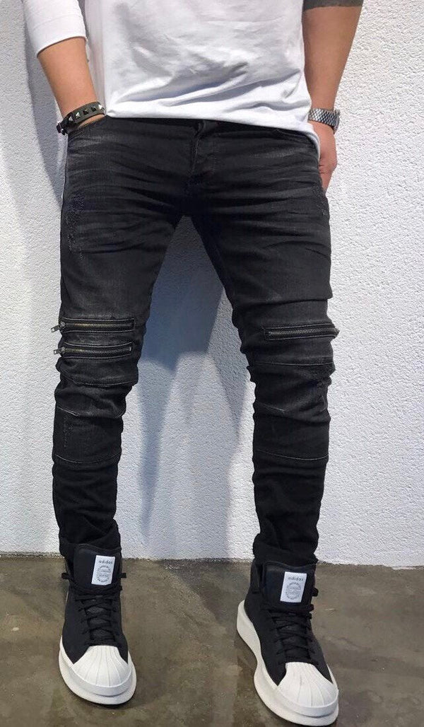 Black Front Double Zipper Slim Fit Jeans SJ242 Streetwear Jeans - Sneakerjeans