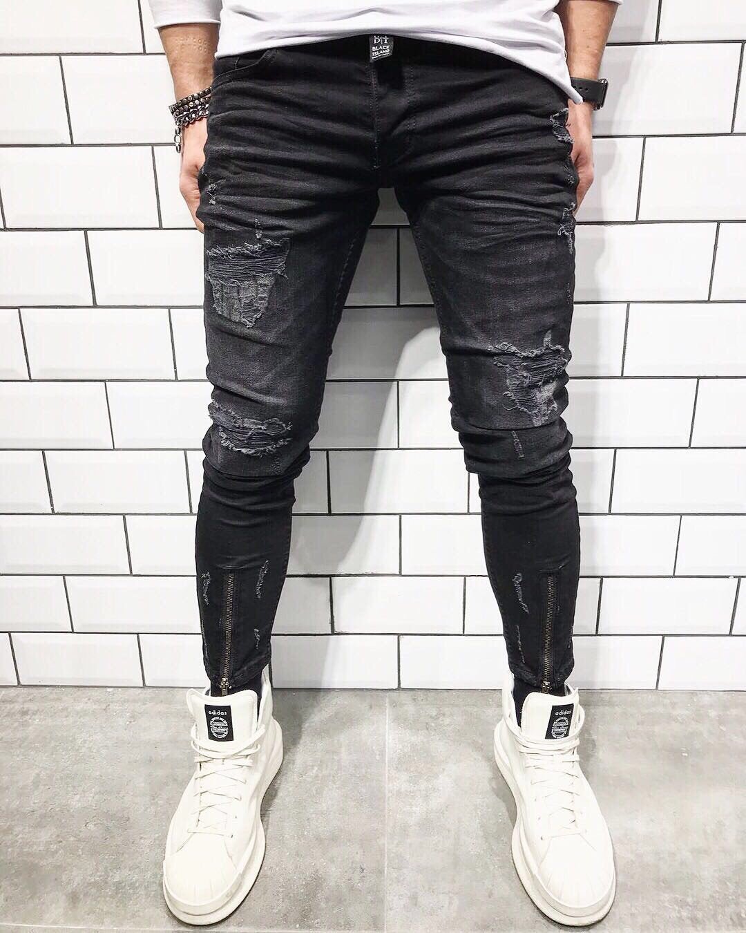 Morse kode Selvforkælelse katolsk Black Front Zip Slim Fit Ripped Jeans B29 Streetwear Mens Jeans |  Sneakerjeans