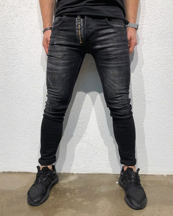 Black Front Zipper Skinny Fit Denim B156 Streetwear Denim Jeans - Sneakerjeans