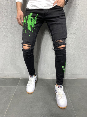 Black Neon Green Printed Skinny Fit Jeans AY667 Streetwear Jeans - Sneakerjeans