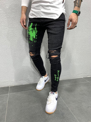 Black Neon Green Printed Skinny Fit Jeans AY667 Streetwear Jeans - Sneakerjeans