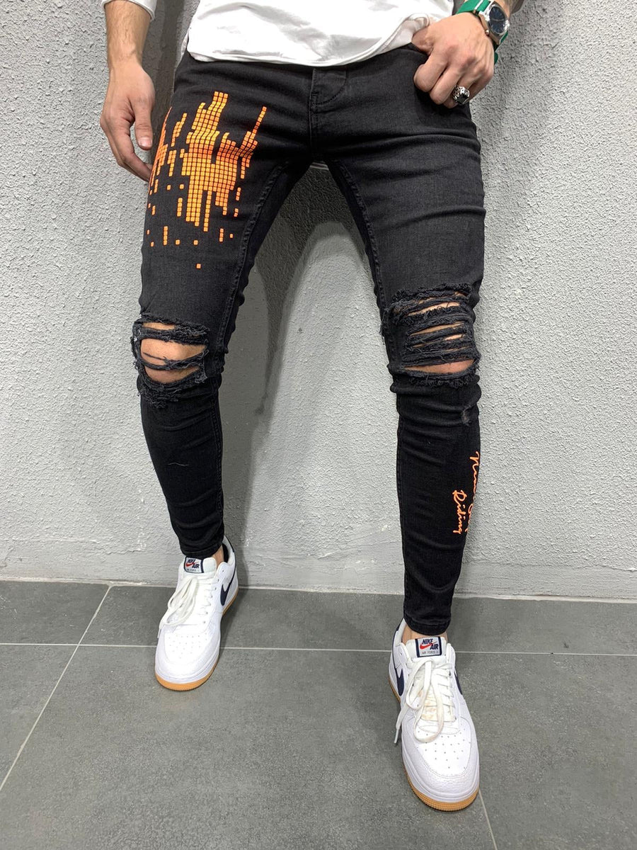 Black Orange Printed Skinny Fit Jeans AY666 Streetwear Jeans - Sneakerjeans