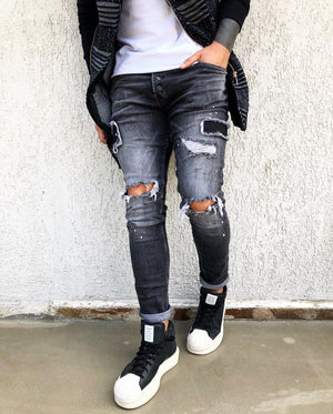 Black Ripped Patched Skinny Fit Denim B274 Streetwear Jeans - Sneakerjeans