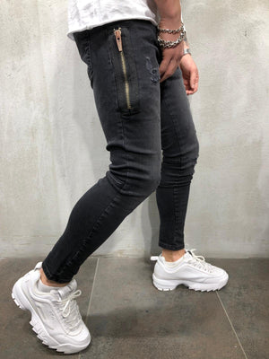 Black Side Zip Ultra Skinny Fit Denim AY109 Streetwear Jeans - Sneakerjeans