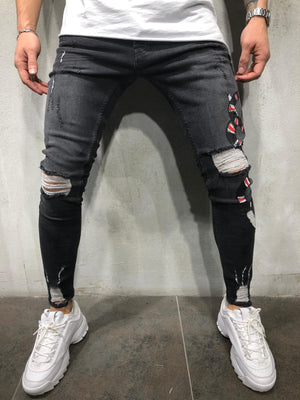 Black Snake Patched Distressed Skinny Fit Denim A229 Streetwear Jeans - Sneakerjeans