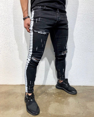 Black Striped Ankle Zipper Super Skinny Fit Denim B129 Streetwear Denim Jeans - Sneakerjeans