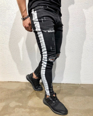 Black Striped Ankle Zipper Super Skinny Fit Denim B129 Streetwear Denim Jeans - Sneakerjeans