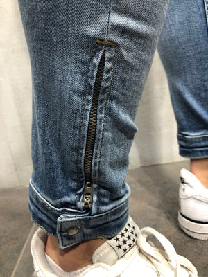 Blue Distressed Ankle Zip Distressed Skinny Fit Denim A151 Streetwear Jeans - Sneakerjeans