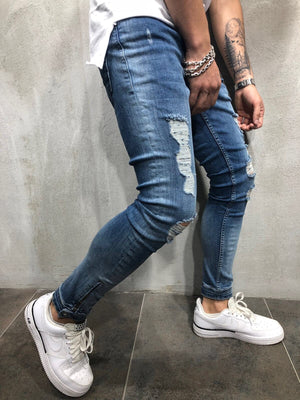 Blue Distressed Ankle Zip Distressed Skinny Fit Denim A151 Streetwear Jeans - Sneakerjeans