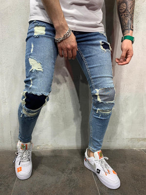 Blue Patched Ripped Jeans Slim Fit Mens Jeans AY491 Streetwear Mens Jeans - Sneakerjeans