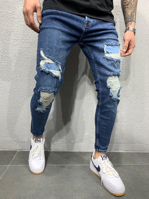 Blue Patched Ripped Skinny Fit Jeans AY637 Streetwear Jeans - Sneakerjeans