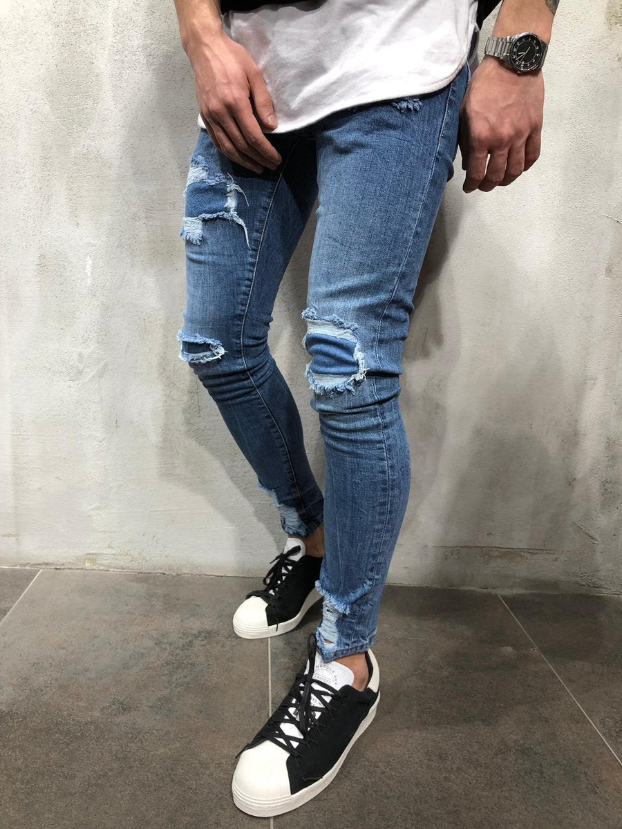 Blue Patched Ultra Skinny Fit Denim AY309 Streetwear Jeans - Sneakerjeans