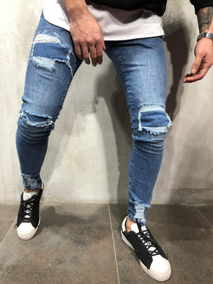 Blue Patched Ultra Skinny Fit Denim AY309 Streetwear Jeans - Sneakerjeans