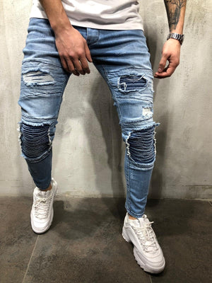 Blue Patched Ultra Skinny Fit Jeans AY363 Streetwear Mens Jeans - Sneakerjeans