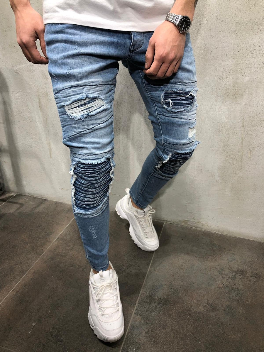 Blue Patched Ultra Skinny Fit Jeans AY363 Streetwear Mens Jeans - Sneakerjeans