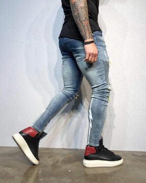Blue Printed Distressed Ultra Skinny Fit Biker Denim B334 Streetwear Jeans - Sneakerjeans