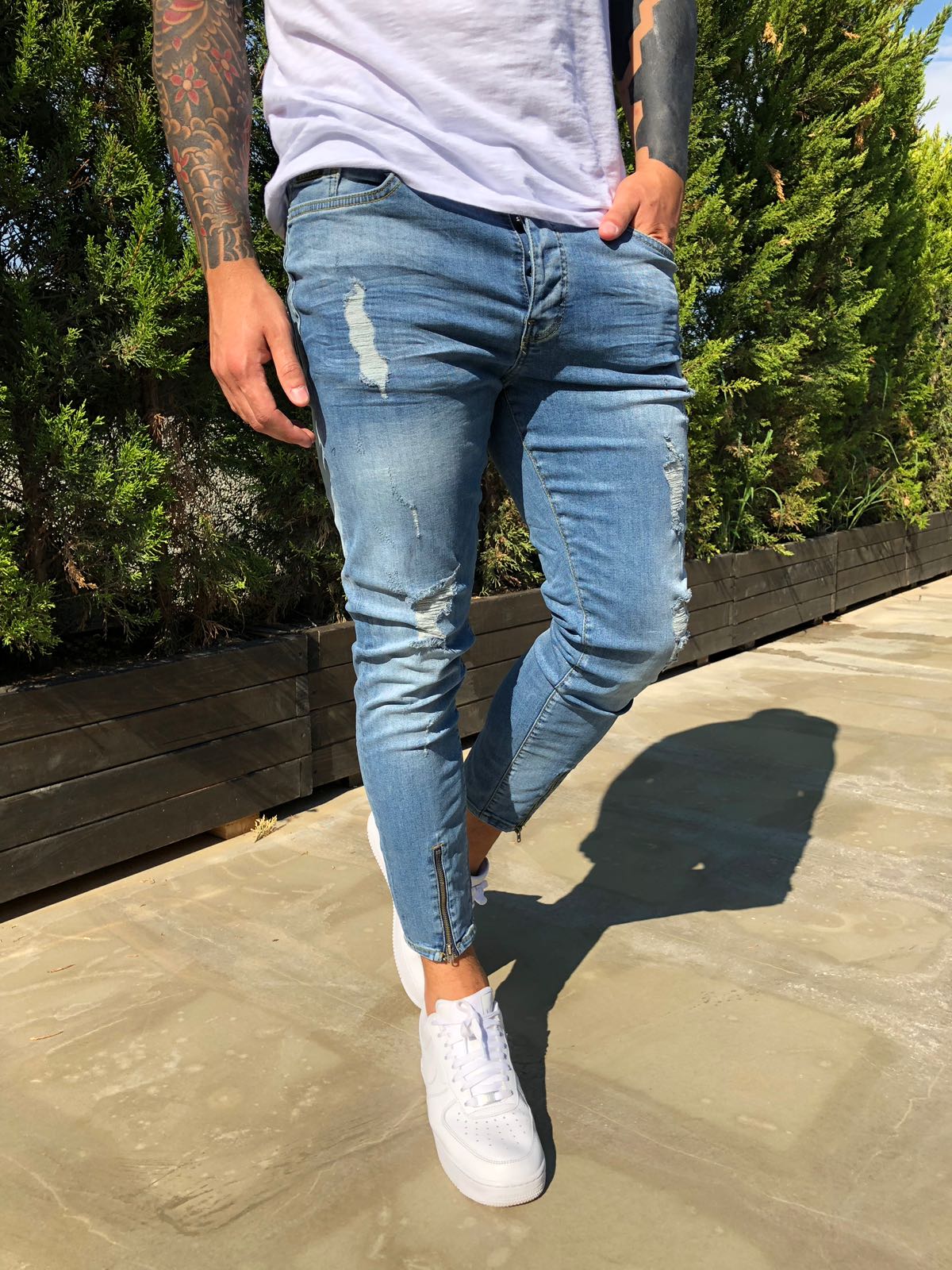 Maiyifu-GJ Men's Skinny Tapered Leg Jeans Distressed Multi Pockets Denim  Pants Ripped Ankle Zipper Biker Jeans Trousers (Dark Blue,Small) at Amazon  Men's Clothing store