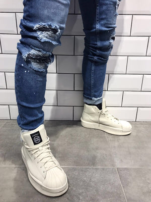 Blue Ripped Knee Slim Fit Jeans B17 Streetwear Jeans - Sneakerjeans