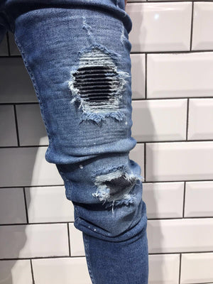 Blue Ripped Knee Slim Fit Jeans B17 Streetwear Jeans - Sneakerjeans