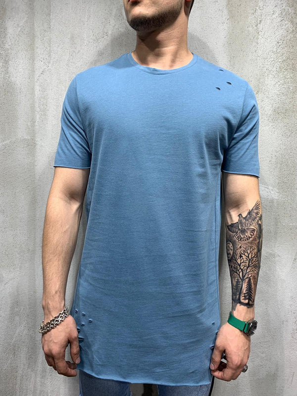 Blue Ripped Oversized Mens T-Shirt AY470 Streetwear Mens T-Shirts - Sneakerjeans