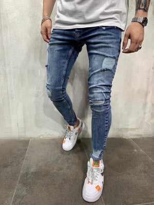 Blue Side Ripped Jeans Slim Fit Mens Jeans AY512 Streetwear Mens Jeans - Sneakerjeans