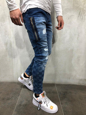 Blue Side Zip Checkered Skinny Fit Jeans A222 Streetwear Mens Jeans - Sneakerjeans