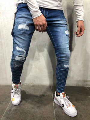 Blue Side Zip Checkered Skinny Fit Jeans A222 Streetwear Mens Jeans - Sneakerjeans