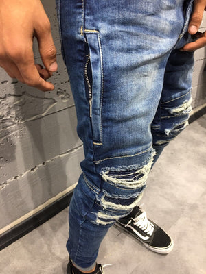 Blue Side Zip Ripped Slim Fit Jeans SJ224 Streetwear Denim Jeans - Sneakerjeans