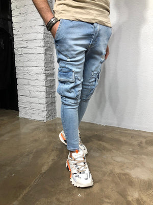 Blue Washed Cargo Pocket Denim BL260 Streetwear Cargo Jeans - Sneakerjeans