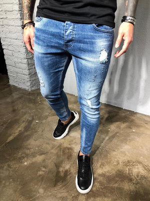 Blue Washed Distressed Denim BL228 Streetwear Baggy Jeans - Sneakerjeans