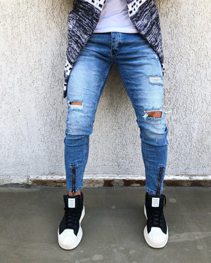 Blue Washed Front Ankle Zip Distressed Skinny Fit Denim B265 Streetwear Jeans - Sneakerjeans