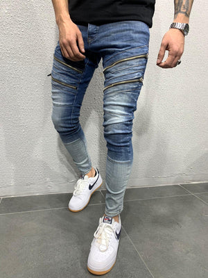 Double Blue Coloured Zipped Ripped Skinny Fit Jeans AY631 Streetwear Jeans - Sneakerjeans
