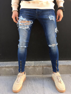 Front Ankle Zip Destroyed Slim Fit Jeans SJ271 Streetwear Jeans - Sneakerjeans