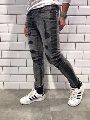Gray Striped Damaged Slim Fit Jeans B11 Streetwear Jeans - Sneakerjeans
