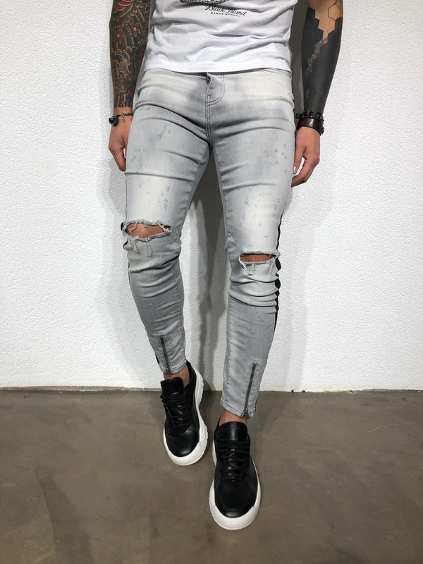 Gray Striped Distressed Ultra Skinny Fit Denim BL179 Streetwear Jeans - Sneakerjeans