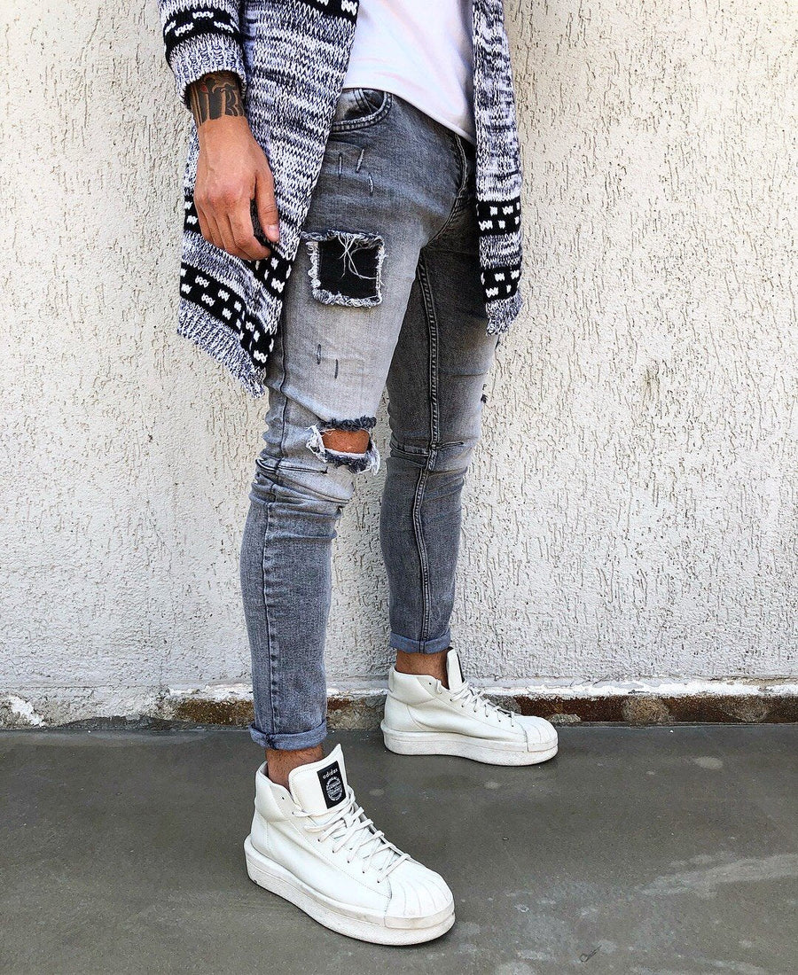 Gray Washed Patch Distressed Skinny Fit Denim B269 Streetwear Jeans - Sneakerjeans