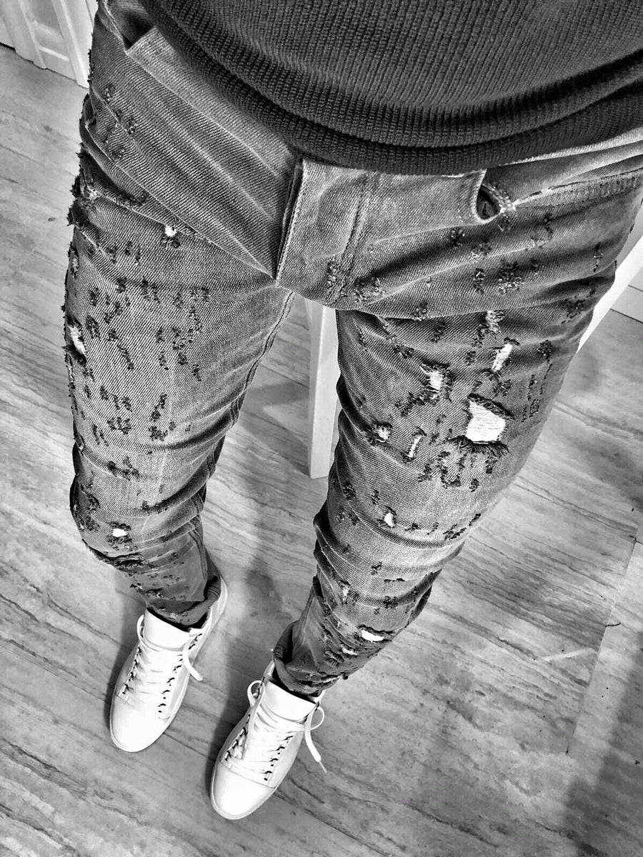 Gray Washed Ripped Skinny Fit Jeans S129 Streetwear Mens Jeans - Sneakerjeans