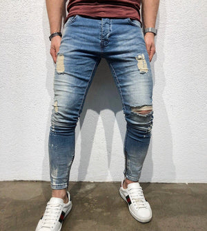 Light Blue Destroyed Ankle Zip Slim Fit Denim B120 Streetwear Denim Jeans - Sneakerjeans