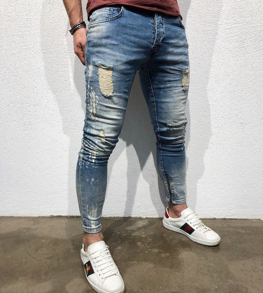 Light Blue Destroyed Ankle Zip Slim Fit Denim B120 Streetwear Denim Jeans - Sneakerjeans